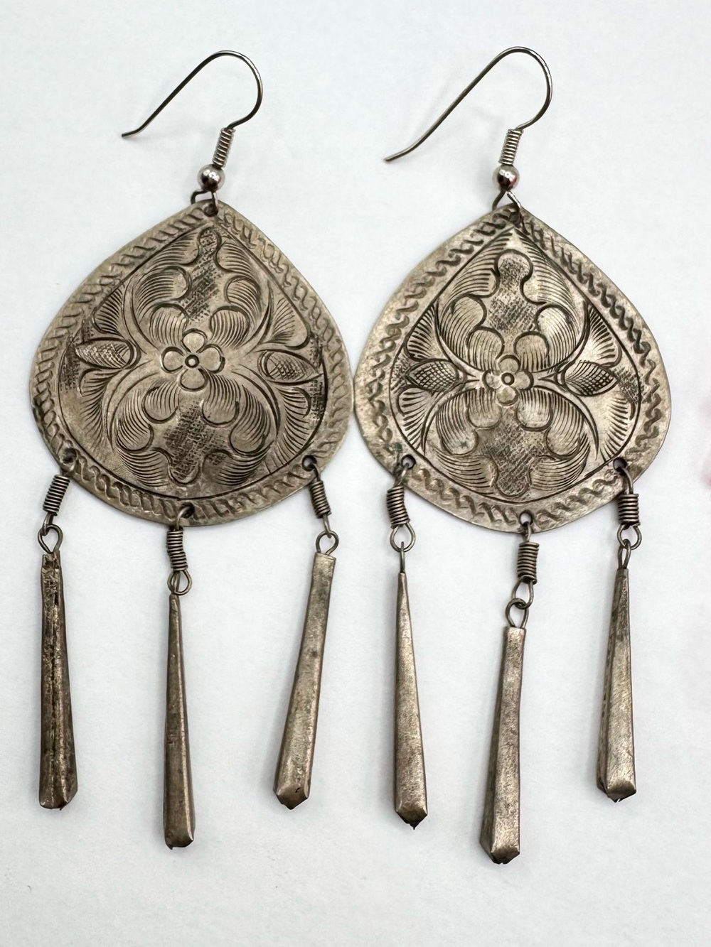 Boho Earrings Etched Floral Teardrop Dangle Handmade Festival Ethnic Lighteight